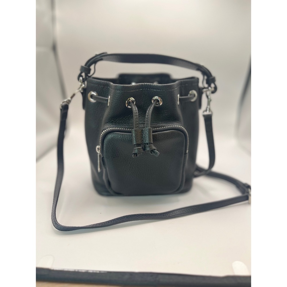 Pond Los Angeles Black Leather Bucket Bag Crossbody Floral Lining Drawstring